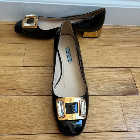 Prada Shoes - Prada Swarovski Crystal Black Patent Leather Block Heel Pumps Size 10/40